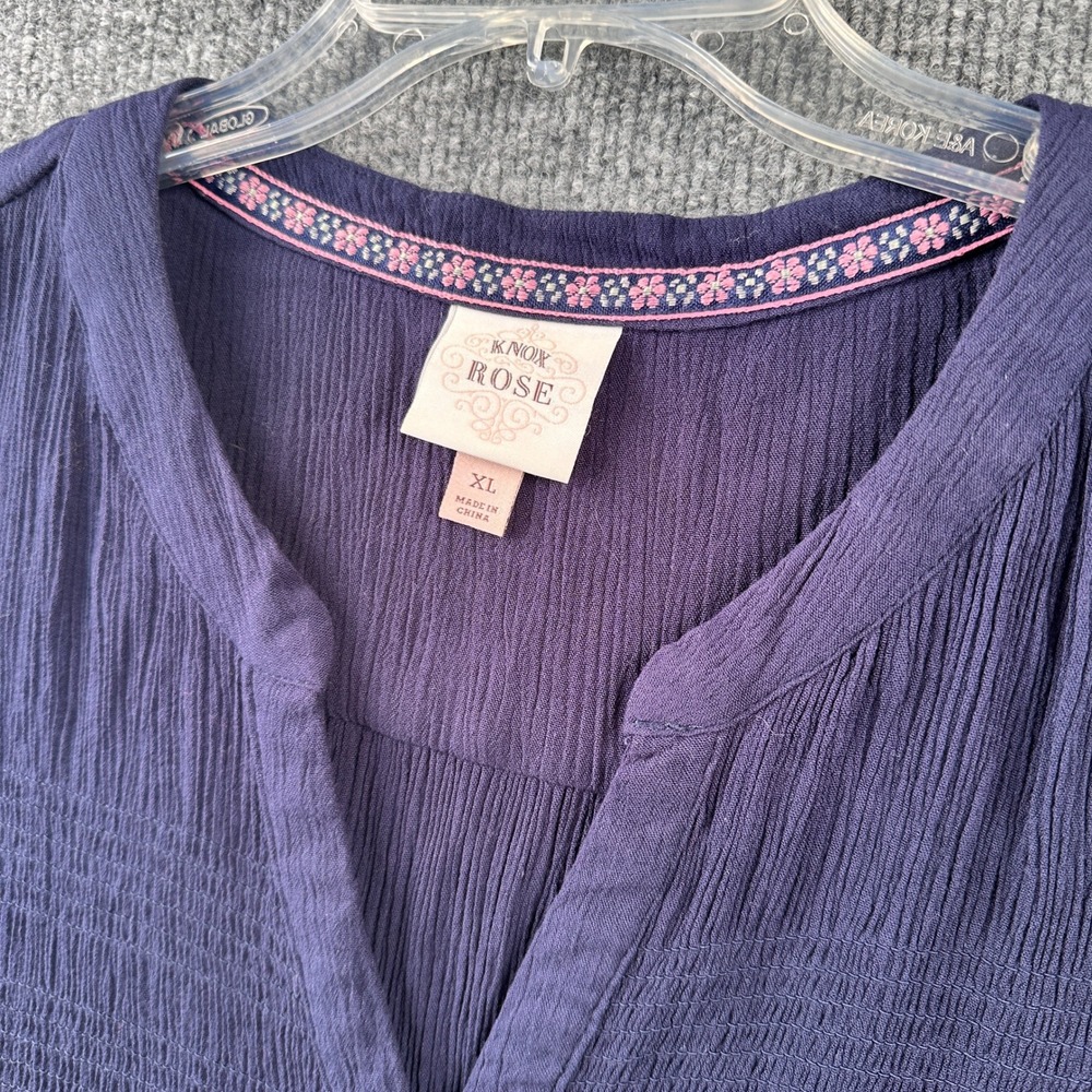 Knox Rose Womens XL Navy Blue Crinkle Rayon Smocked Sleeveless Button Down Tunic